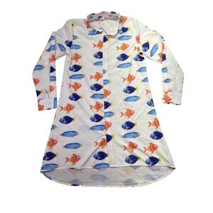Shirt Dress Women's Sz M Blue Orange White Fish Long Boho Summer Beach‎